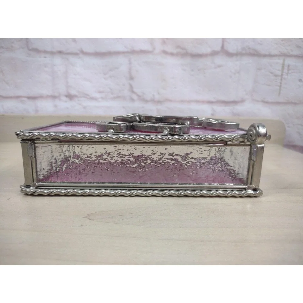 Vtg Stained Pink Slag Glass Jewelry Storage Box Red Roses 3D Lid